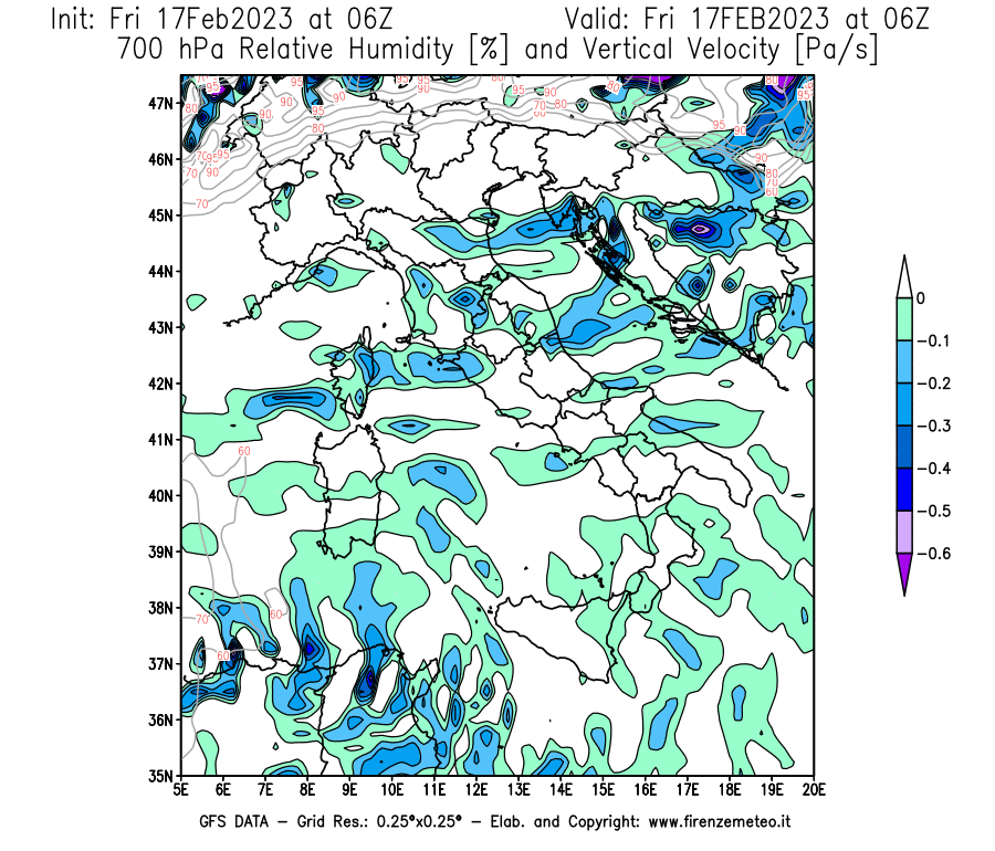 Mappa di analisi GFS - Umidità relativa [%] e Omega [Pa/s] a 700 hPa in Italia
							del 17/02/2023 06 <!--googleoff: index-->UTC<!--googleon: index-->