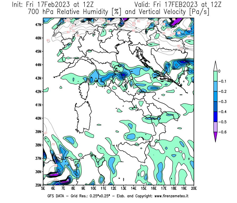 Mappa di analisi GFS - Umidità relativa [%] e Omega [Pa/s] a 700 hPa in Italia
							del 17/02/2023 12 <!--googleoff: index-->UTC<!--googleon: index-->