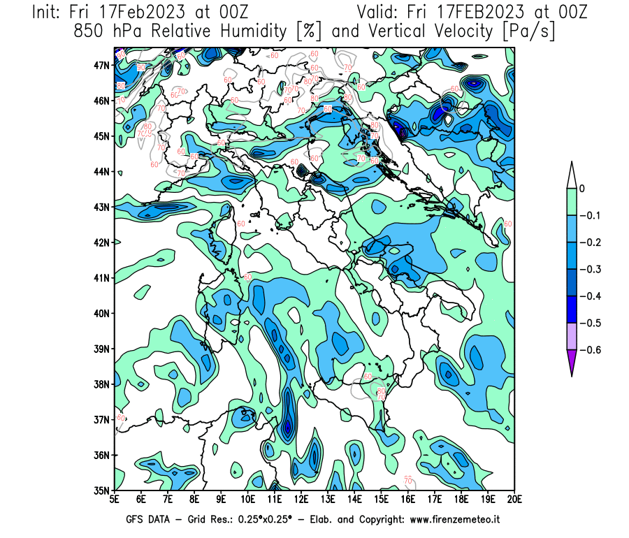 Mappa di analisi GFS - Umidità relativa [%] e Omega [Pa/s] a 850 hPa in Italia
							del 17/02/2023 00 <!--googleoff: index-->UTC<!--googleon: index-->