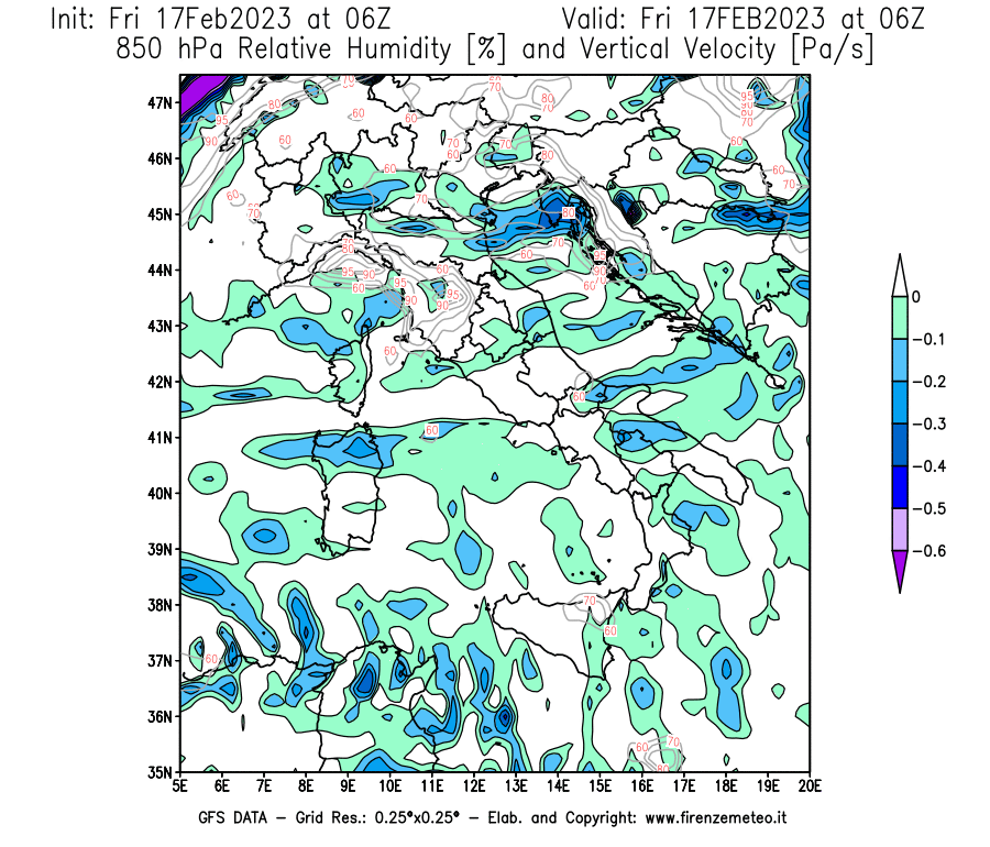 Mappa di analisi GFS - Umidità relativa [%] e Omega [Pa/s] a 850 hPa in Italia
							del 17/02/2023 06 <!--googleoff: index-->UTC<!--googleon: index-->