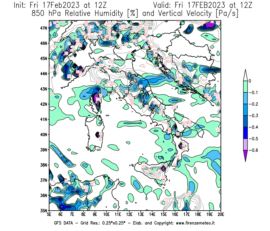 Mappa di analisi GFS - Umidità relativa [%] e Omega [Pa/s] a 850 hPa in Italia
							del 17/02/2023 12 <!--googleoff: index-->UTC<!--googleon: index-->
