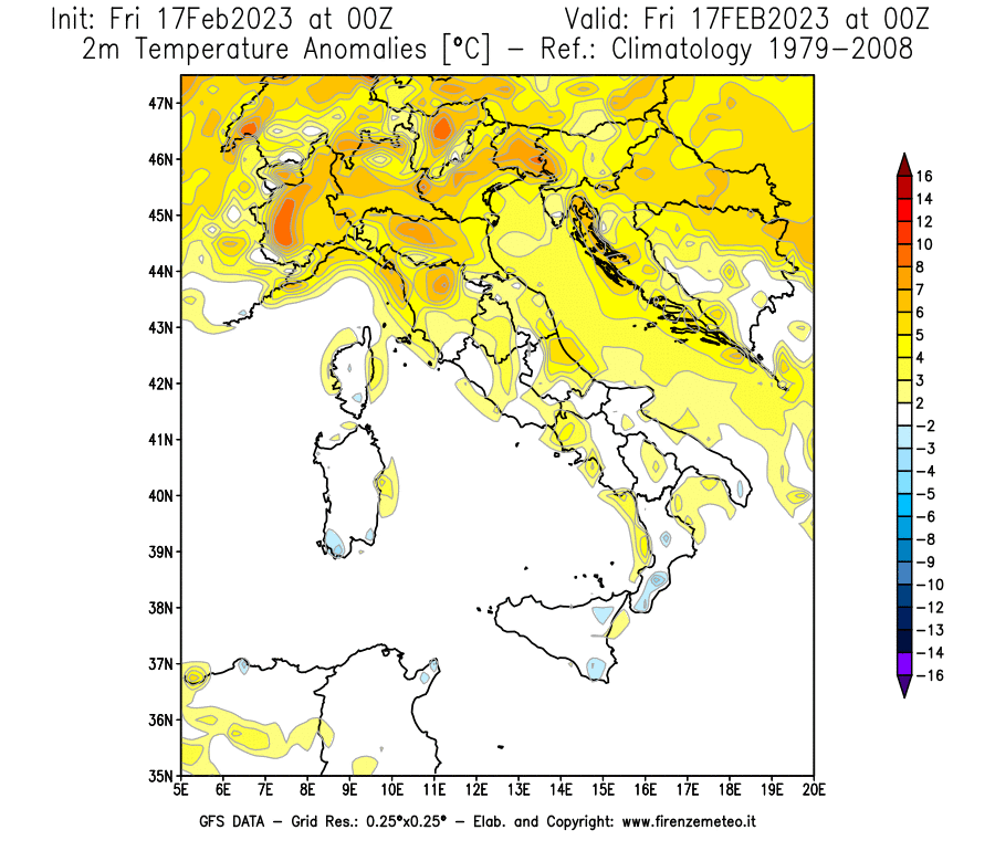 Mappa di analisi GFS - Anomalia Temperatura [°C] a 2 m in Italia
							del 17/02/2023 00 <!--googleoff: index-->UTC<!--googleon: index-->