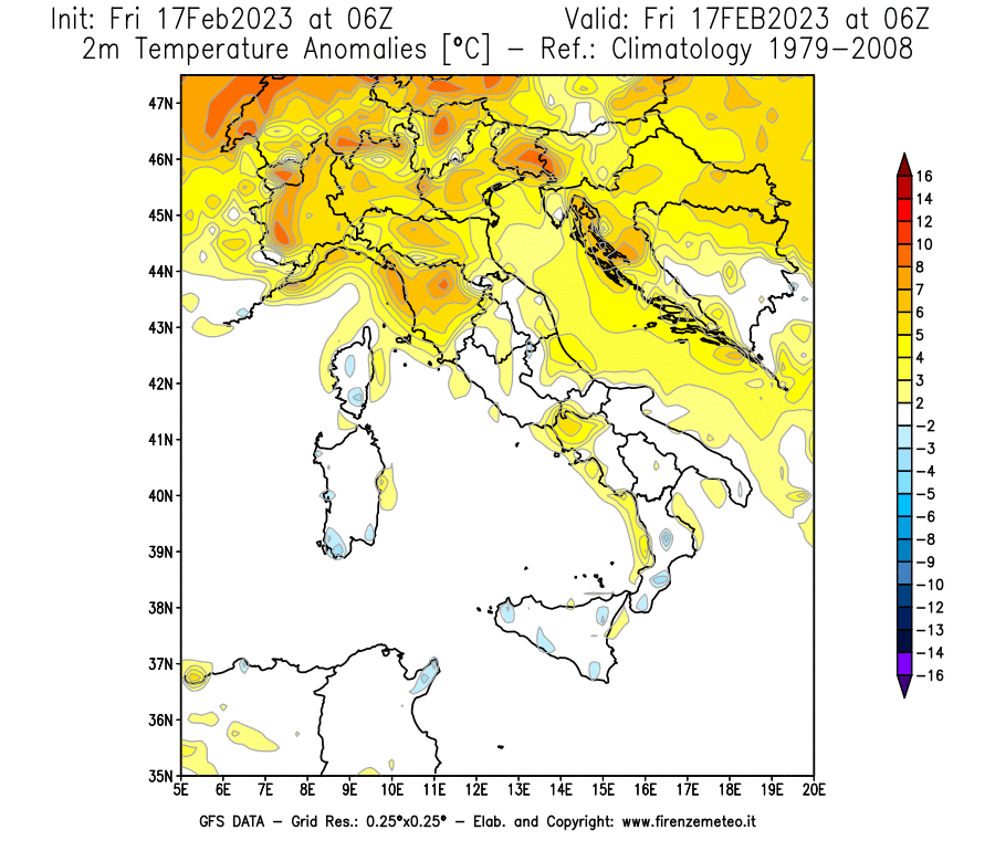 Mappa di analisi GFS - Anomalia Temperatura [°C] a 2 m in Italia
							del 17/02/2023 06 <!--googleoff: index-->UTC<!--googleon: index-->