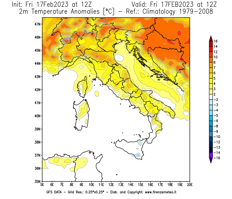 Mappa di analisi GFS - Anomalia Temperatura [°C] a 2 m in Italia
							del 17/02/2023 12 <!--googleoff: index-->UTC<!--googleon: index-->
