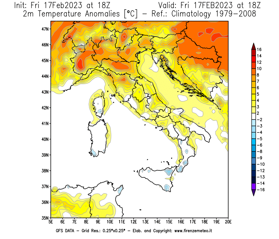 Mappa di analisi GFS - Anomalia Temperatura [°C] a 2 m in Italia
							del 17/02/2023 18 <!--googleoff: index-->UTC<!--googleon: index-->