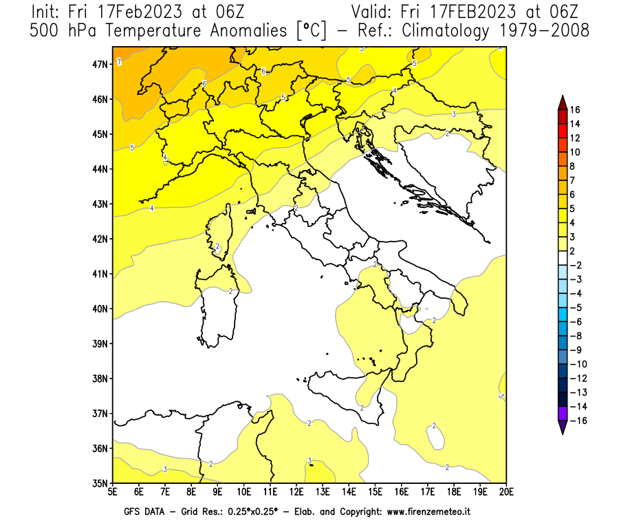 Mappa di analisi GFS - Anomalia Temperatura [°C] a 500 hPa in Italia
							del 17/02/2023 06 <!--googleoff: index-->UTC<!--googleon: index-->