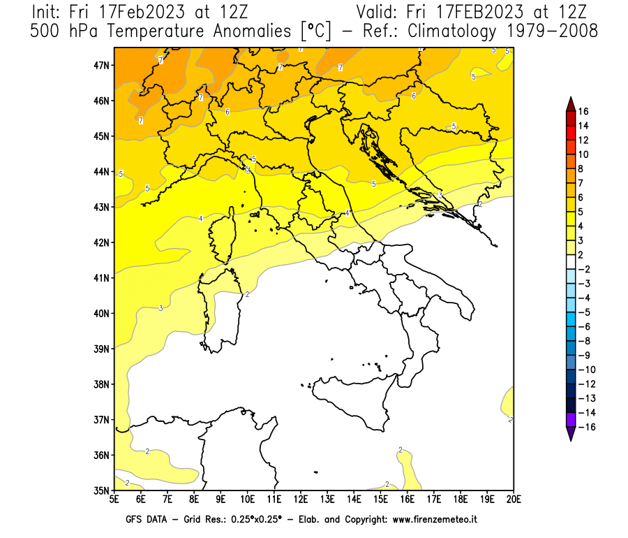 Mappa di analisi GFS - Anomalia Temperatura [°C] a 500 hPa in Italia
							del 17/02/2023 12 <!--googleoff: index-->UTC<!--googleon: index-->