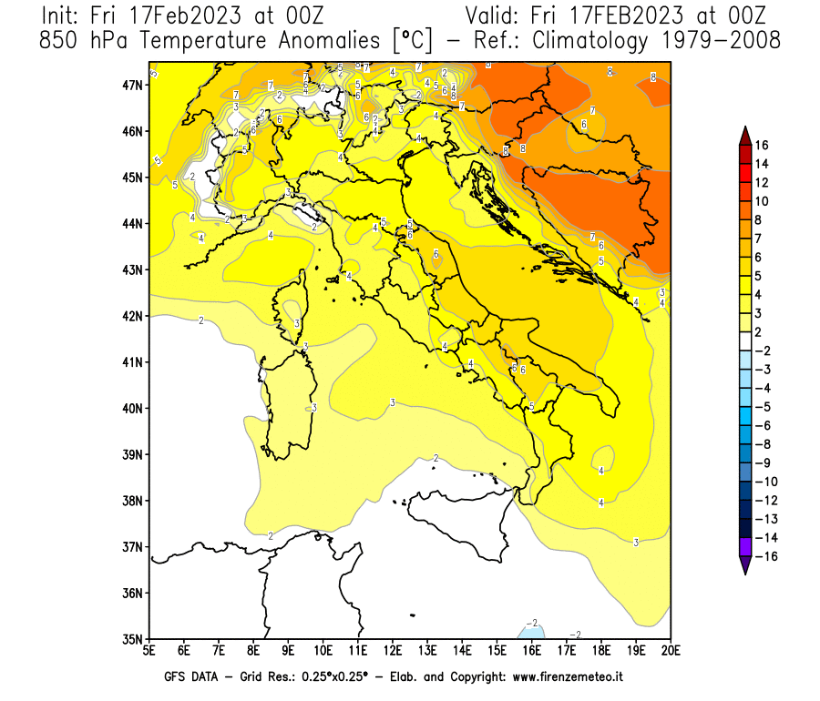 Mappa di analisi GFS - Anomalia Temperatura [°C] a 850 hPa in Italia
							del 17/02/2023 00 <!--googleoff: index-->UTC<!--googleon: index-->