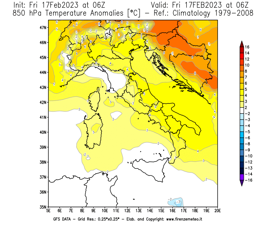 Mappa di analisi GFS - Anomalia Temperatura [°C] a 850 hPa in Italia
							del 17/02/2023 06 <!--googleoff: index-->UTC<!--googleon: index-->