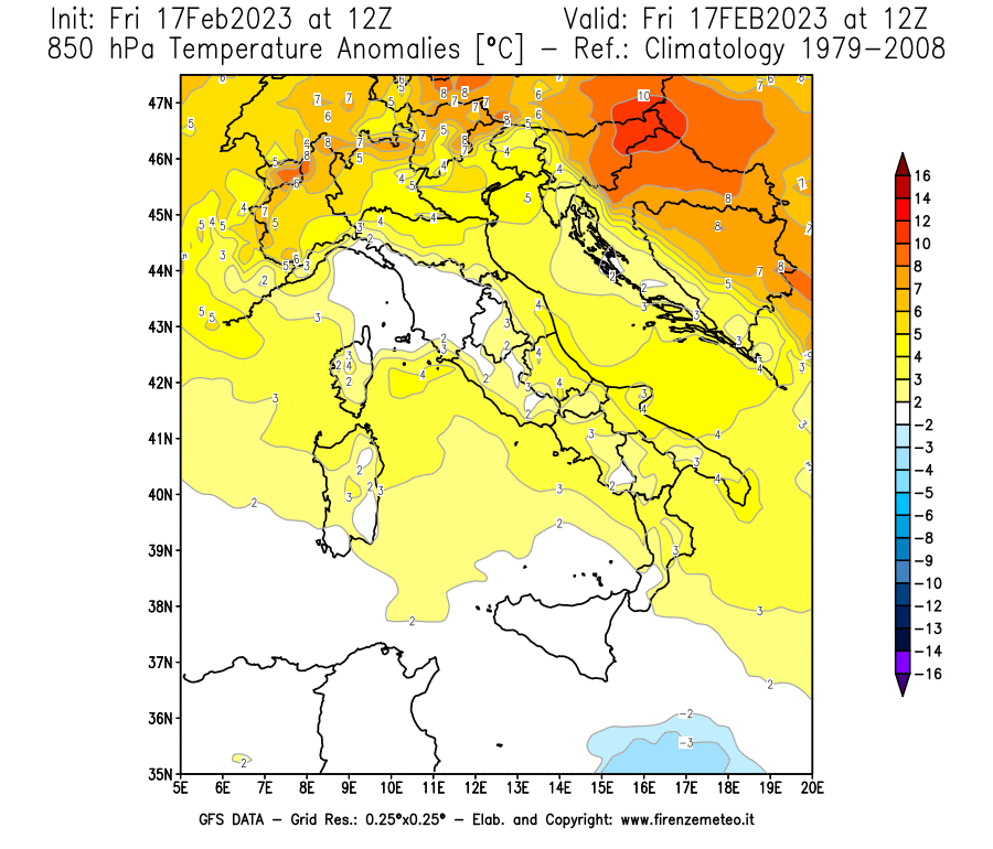 Mappa di analisi GFS - Anomalia Temperatura [°C] a 850 hPa in Italia
							del 17/02/2023 12 <!--googleoff: index-->UTC<!--googleon: index-->