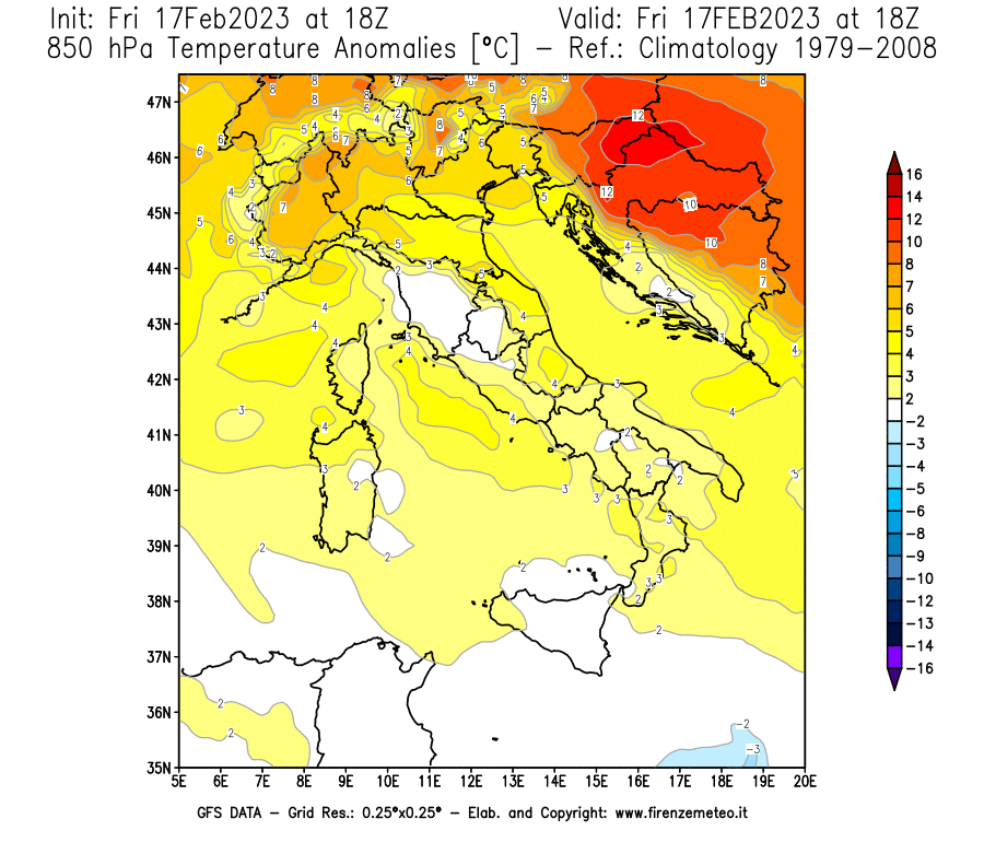 Mappa di analisi GFS - Anomalia Temperatura [°C] a 850 hPa in Italia
							del 17/02/2023 18 <!--googleoff: index-->UTC<!--googleon: index-->