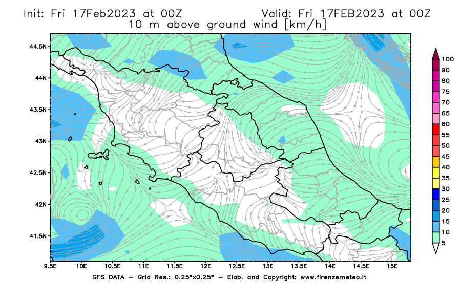 Mappa di analisi GFS - Velocità del vento a 10 metri dal suolo [km/h] in Centro-Italia
							del 17/02/2023 00 <!--googleoff: index-->UTC<!--googleon: index-->