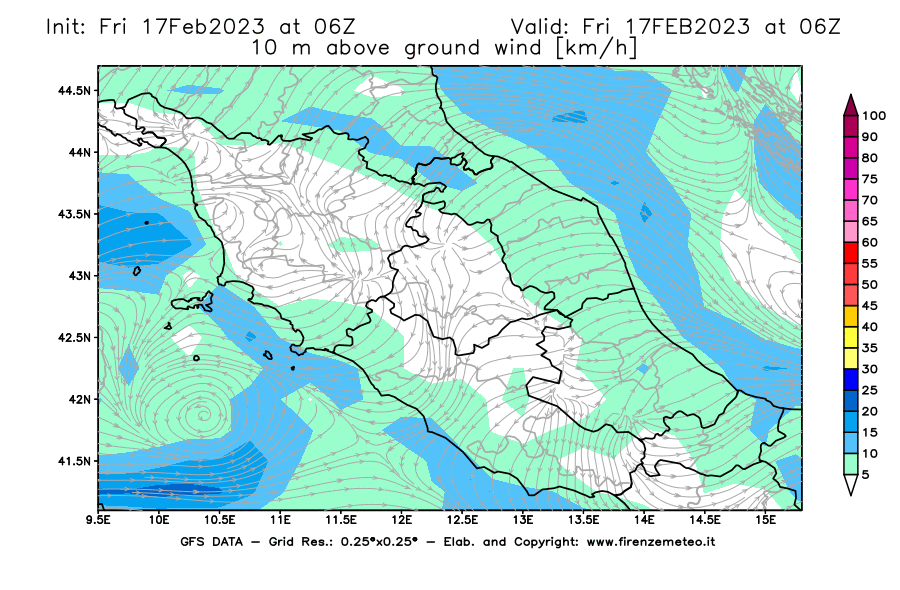 Mappa di analisi GFS - Velocità del vento a 10 metri dal suolo [km/h] in Centro-Italia
							del 17/02/2023 06 <!--googleoff: index-->UTC<!--googleon: index-->