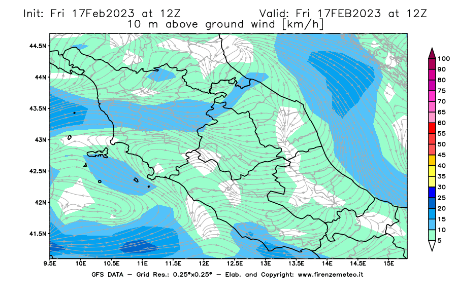 Mappa di analisi GFS - Velocità del vento a 10 metri dal suolo [km/h] in Centro-Italia
							del 17/02/2023 12 <!--googleoff: index-->UTC<!--googleon: index-->