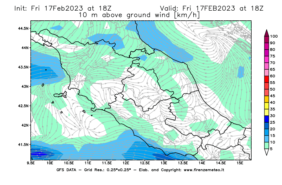 Mappa di analisi GFS - Velocità del vento a 10 metri dal suolo [km/h] in Centro-Italia
							del 17/02/2023 18 <!--googleoff: index-->UTC<!--googleon: index-->