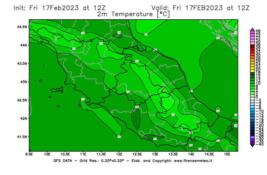 Mappa di analisi GFS - Temperatura a 2 metri dal suolo [°C] in Centro-Italia
							del 17/02/2023 12 <!--googleoff: index-->UTC<!--googleon: index-->