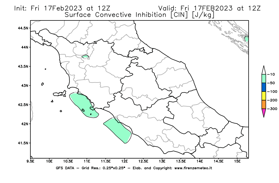 Mappa di analisi GFS - CIN [J/kg] in Centro-Italia
							del 17/02/2023 12 <!--googleoff: index-->UTC<!--googleon: index-->