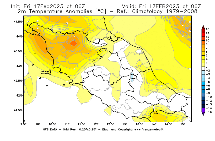 Mappa di analisi GFS - Anomalia Temperatura [°C] a 2 m in Centro-Italia
							del 17/02/2023 06 <!--googleoff: index-->UTC<!--googleon: index-->
