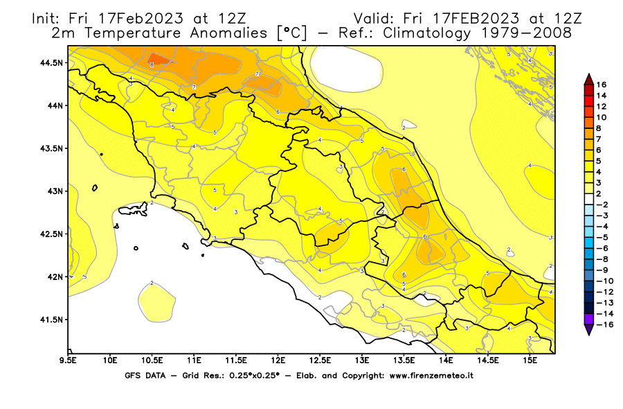 Mappa di analisi GFS - Anomalia Temperatura [°C] a 2 m in Centro-Italia
							del 17/02/2023 12 <!--googleoff: index-->UTC<!--googleon: index-->