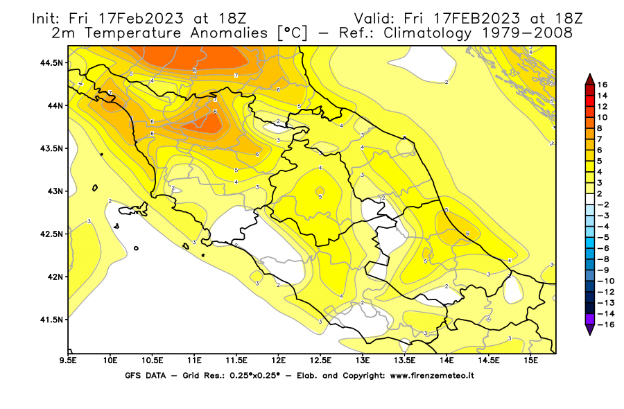 Mappa di analisi GFS - Anomalia Temperatura [°C] a 2 m in Centro-Italia
							del 17/02/2023 18 <!--googleoff: index-->UTC<!--googleon: index-->
