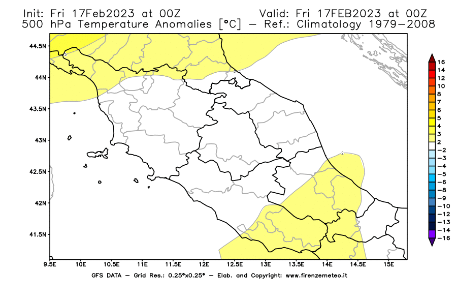 Mappa di analisi GFS - Anomalia Temperatura [°C] a 500 hPa in Centro-Italia
							del 17/02/2023 00 <!--googleoff: index-->UTC<!--googleon: index-->