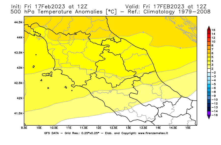 Mappa di analisi GFS - Anomalia Temperatura [°C] a 500 hPa in Centro-Italia
							del 17/02/2023 12 <!--googleoff: index-->UTC<!--googleon: index-->