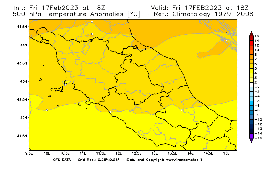Mappa di analisi GFS - Anomalia Temperatura [°C] a 500 hPa in Centro-Italia
							del 17/02/2023 18 <!--googleoff: index-->UTC<!--googleon: index-->