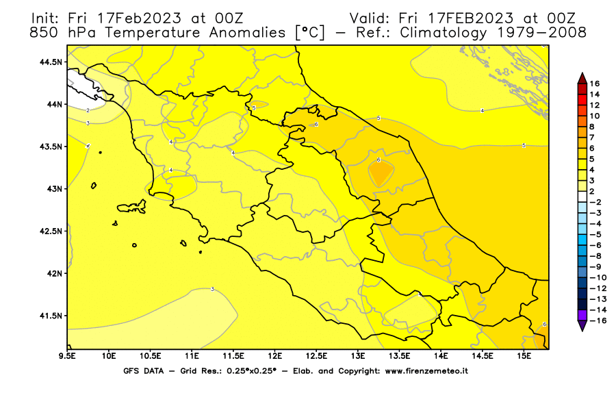 Mappa di analisi GFS - Anomalia Temperatura [°C] a 850 hPa in Centro-Italia
							del 17/02/2023 00 <!--googleoff: index-->UTC<!--googleon: index-->