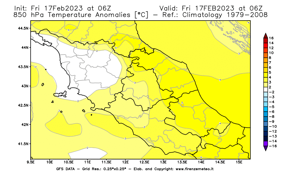 Mappa di analisi GFS - Anomalia Temperatura [°C] a 850 hPa in Centro-Italia
							del 17/02/2023 06 <!--googleoff: index-->UTC<!--googleon: index-->