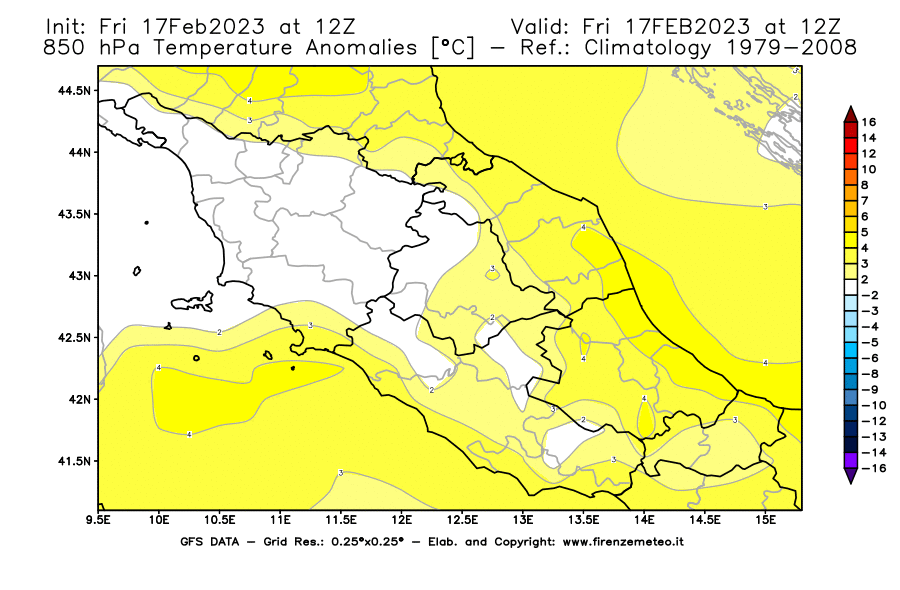 Mappa di analisi GFS - Anomalia Temperatura [°C] a 850 hPa in Centro-Italia
							del 17/02/2023 12 <!--googleoff: index-->UTC<!--googleon: index-->