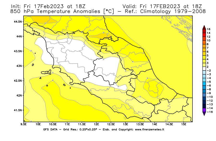 Mappa di analisi GFS - Anomalia Temperatura [°C] a 850 hPa in Centro-Italia
							del 17/02/2023 18 <!--googleoff: index-->UTC<!--googleon: index-->