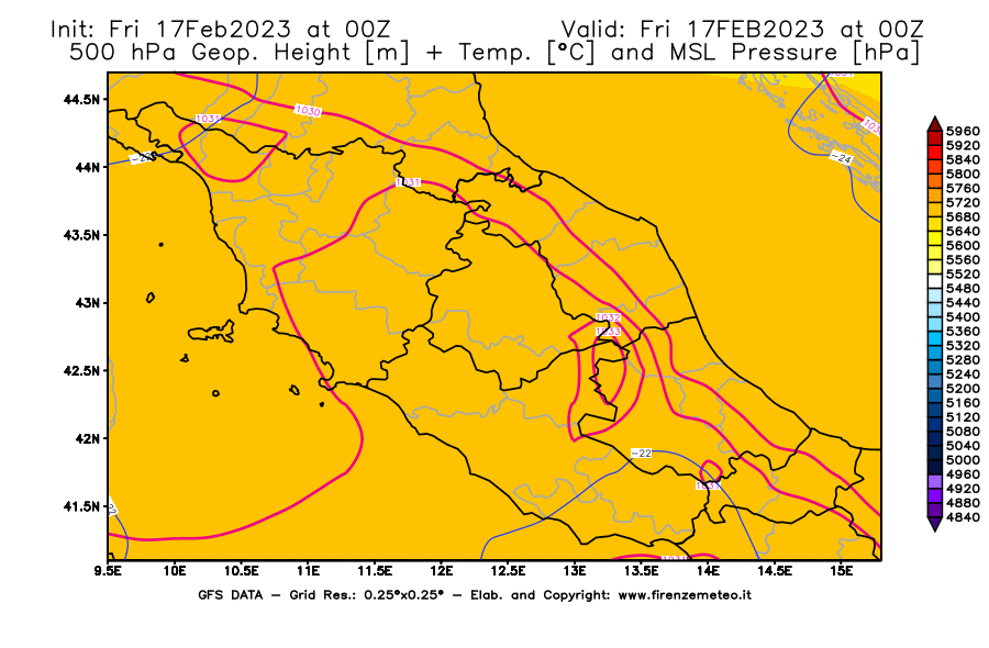 Mappa di analisi GFS - Geopotenziale [m] + Temp. [°C] a 500 hPa + Press. a livello del mare [hPa] in Centro-Italia
							del 17/02/2023 00 <!--googleoff: index-->UTC<!--googleon: index-->