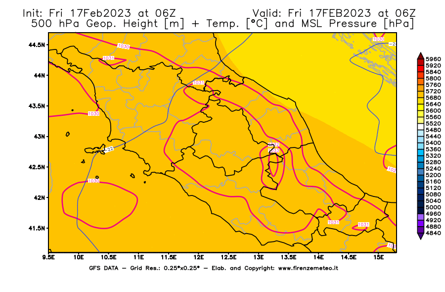 Mappa di analisi GFS - Geopotenziale [m] + Temp. [°C] a 500 hPa + Press. a livello del mare [hPa] in Centro-Italia
							del 17/02/2023 06 <!--googleoff: index-->UTC<!--googleon: index-->