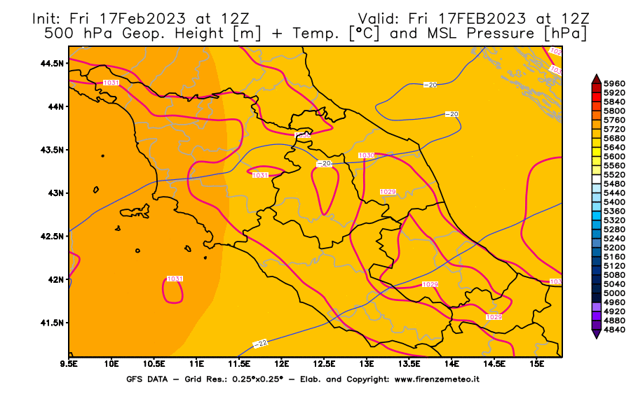 Mappa di analisi GFS - Geopotenziale [m] + Temp. [°C] a 500 hPa + Press. a livello del mare [hPa] in Centro-Italia
							del 17/02/2023 12 <!--googleoff: index-->UTC<!--googleon: index-->