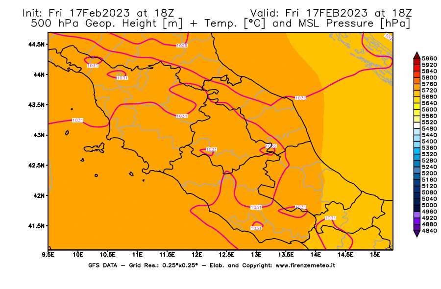 Mappa di analisi GFS - Geopotenziale [m] + Temp. [°C] a 500 hPa + Press. a livello del mare [hPa] in Centro-Italia
							del 17/02/2023 18 <!--googleoff: index-->UTC<!--googleon: index-->