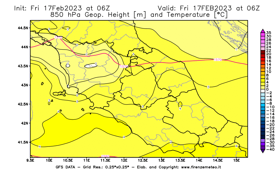 Mappa di analisi GFS - Geopotenziale [m] e Temperatura [°C] a 850 hPa in Centro-Italia
							del 17/02/2023 06 <!--googleoff: index-->UTC<!--googleon: index-->