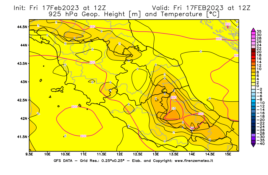Mappa di analisi GFS - Geopotenziale [m] e Temperatura [°C] a 925 hPa in Centro-Italia
							del 17/02/2023 12 <!--googleoff: index-->UTC<!--googleon: index-->