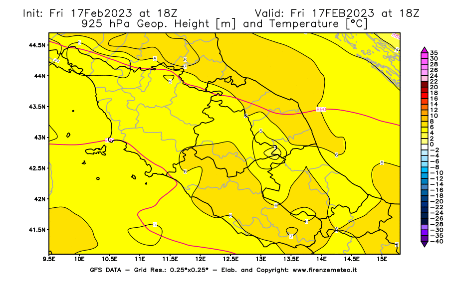 Mappa di analisi GFS - Geopotenziale [m] e Temperatura [°C] a 925 hPa in Centro-Italia
							del 17/02/2023 18 <!--googleoff: index-->UTC<!--googleon: index-->