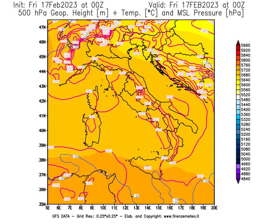 Mappa di analisi GFS - Geopotenziale [m] + Temp. [°C] a 500 hPa + Press. a livello del mare [hPa] in Italia
							del 17/02/2023 00 <!--googleoff: index-->UTC<!--googleon: index-->