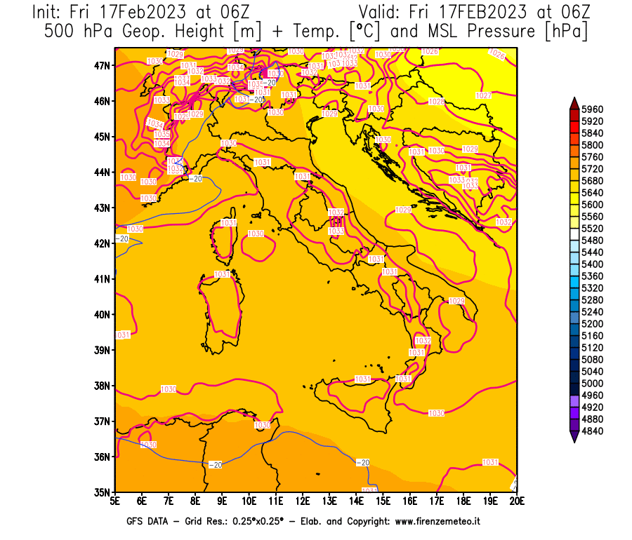 Mappa di analisi GFS - Geopotenziale [m] + Temp. [°C] a 500 hPa + Press. a livello del mare [hPa] in Italia
							del 17/02/2023 06 <!--googleoff: index-->UTC<!--googleon: index-->