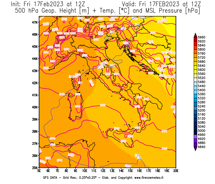 Mappa di analisi GFS - Geopotenziale [m] + Temp. [°C] a 500 hPa + Press. a livello del mare [hPa] in Italia
							del 17/02/2023 12 <!--googleoff: index-->UTC<!--googleon: index-->