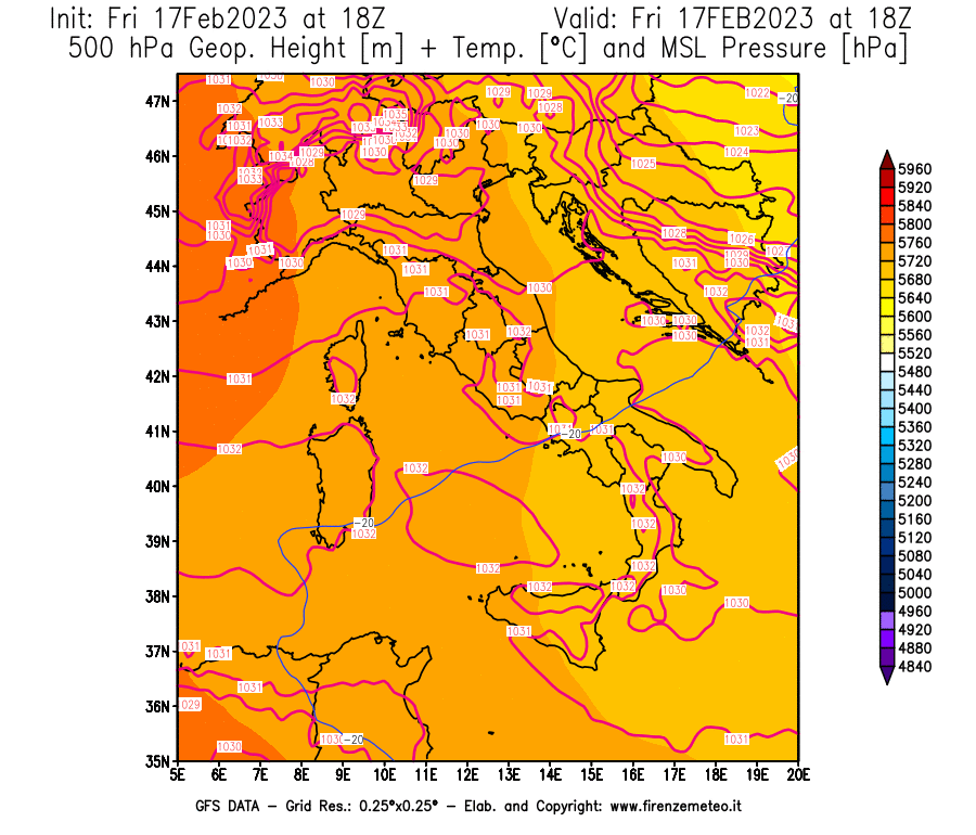 Mappa di analisi GFS - Geopotenziale [m] + Temp. [°C] a 500 hPa + Press. a livello del mare [hPa] in Italia
							del 17/02/2023 18 <!--googleoff: index-->UTC<!--googleon: index-->