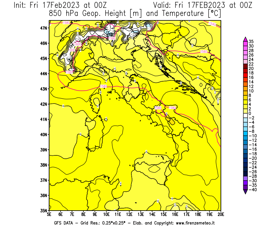 Mappa di analisi GFS - Geopotenziale [m] e Temperatura [°C] a 850 hPa in Italia
							del 17/02/2023 00 <!--googleoff: index-->UTC<!--googleon: index-->
