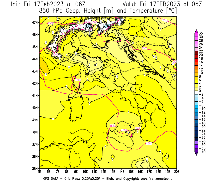Mappa di analisi GFS - Geopotenziale [m] e Temperatura [°C] a 850 hPa in Italia
							del 17/02/2023 06 <!--googleoff: index-->UTC<!--googleon: index-->
