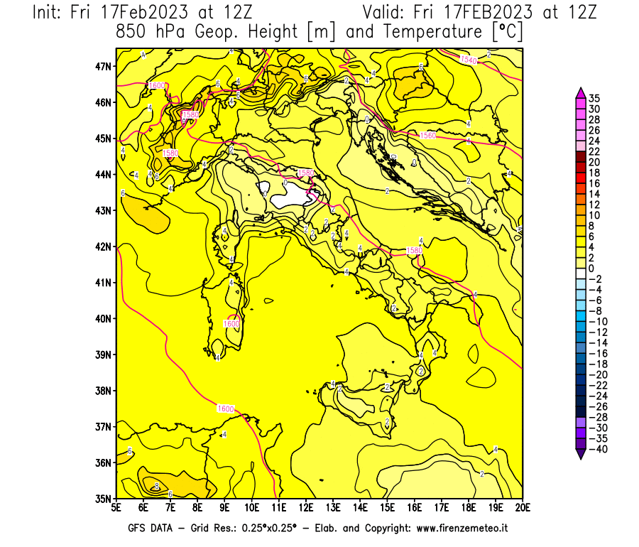 Mappa di analisi GFS - Geopotenziale [m] e Temperatura [°C] a 850 hPa in Italia
							del 17/02/2023 12 <!--googleoff: index-->UTC<!--googleon: index-->