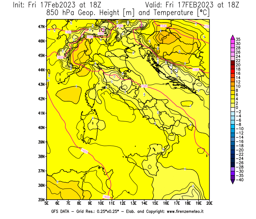 Mappa di analisi GFS - Geopotenziale [m] e Temperatura [°C] a 850 hPa in Italia
							del 17/02/2023 18 <!--googleoff: index-->UTC<!--googleon: index-->