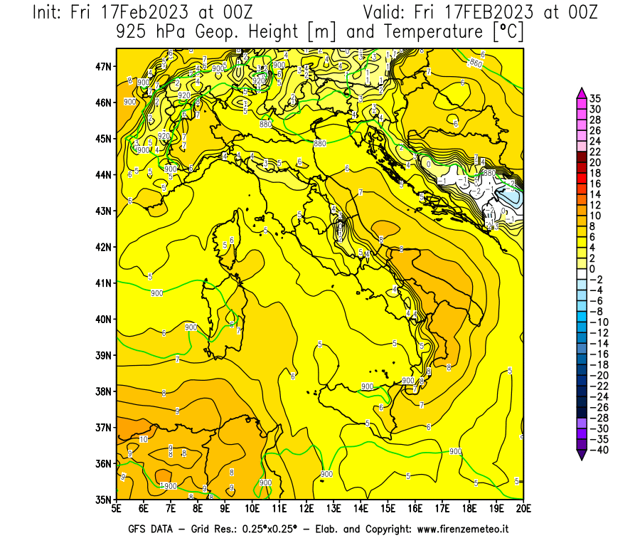 Mappa di analisi GFS - Geopotenziale [m] e Temperatura [°C] a 925 hPa in Italia
							del 17/02/2023 00 <!--googleoff: index-->UTC<!--googleon: index-->