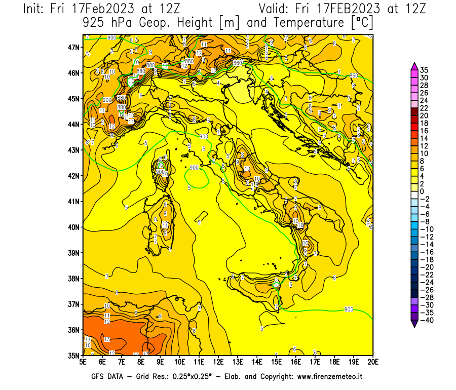 Mappa di analisi GFS - Geopotenziale [m] e Temperatura [°C] a 925 hPa in Italia
							del 17/02/2023 12 <!--googleoff: index-->UTC<!--googleon: index-->