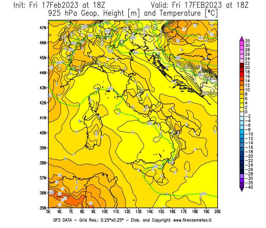 Mappa di analisi GFS - Geopotenziale [m] e Temperatura [°C] a 925 hPa in Italia
							del 17/02/2023 18 <!--googleoff: index-->UTC<!--googleon: index-->