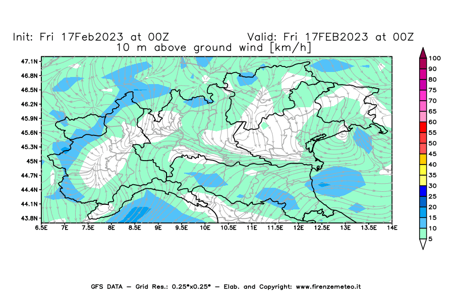 Mappa di analisi GFS - Velocità del vento a 10 metri dal suolo [km/h] in Nord-Italia
							del 17/02/2023 00 <!--googleoff: index-->UTC<!--googleon: index-->